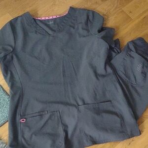 Grey Scrub Set with Pink Accents